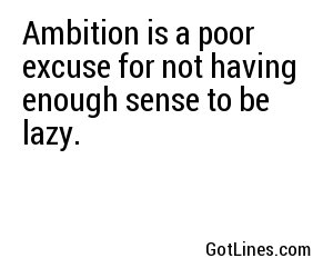 Ambition is a poor excuse for not having enough sense to be lazy.