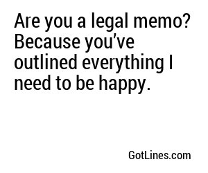 Are you a legal memo? Because you’ve outlined everything I need to be happy.
