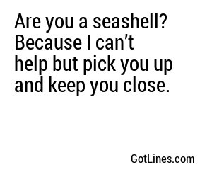 Are you a seashell? Because I can’t help but pick you up and keep you close.
