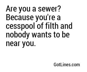 Are you a sewer? Because you're a cesspool of filth and nobody wants to be near you.
