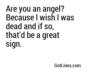 Are you an angel? Because I wish I was dead and if so, that'd be a great sign.
