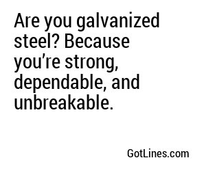 Are you galvanized steel? Because you’re strong, dependable, and unbreakable.
