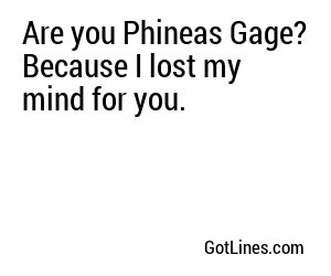 Are you Phineas Gage? Because I lost my mind for you.
