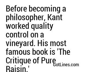 Before becoming a philosopher, Kant worked quality control on a vineyard. His most famous book is 'The Critique of Pure Raisin.'
