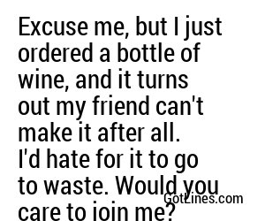 Excuse me, but I just ordered a bottle of wine, and it turns out my friend can't make it after all. I'd hate for it to go to waste. Would you care to join me?
