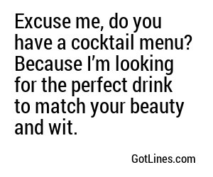 Excuse me, do you have a cocktail menu? Because I’m looking for the perfect drink to match your beauty and wit.
