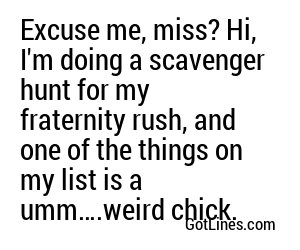 Excuse me, miss? Hi, I'm doing a scavenger hunt for my fraternity rush, and one of the things on my list is a umm….weird chick.
