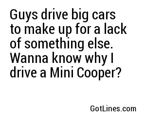 Guys drive big cars to make up for a lack of something else. Wanna know why I drive a Mini Cooper?
