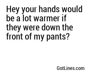 Hey your hands would be a lot warmer if they were down the front of my pants?
