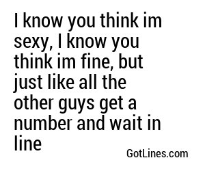 I know you think im sexy, I know you think im fine, but just like all the other guys get a number and wait in line
