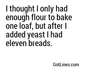 I thought I only had enough flour to bake one loaf, but after I added yeast I had eleven breads.
