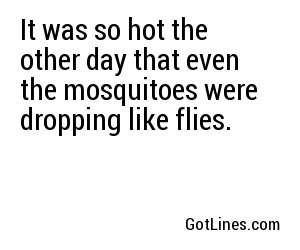 It was so hot the other day that even the mosquitoes were dropping like flies.
