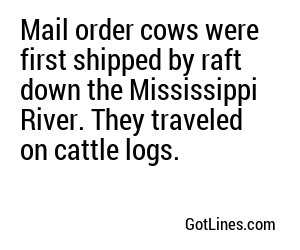 Mail order cows were first shipped by raft down the Mississippi River. They traveled on cattle logs.
