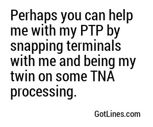 Perhaps you can help me with my PTP by snapping terminals with me and being my twin on some TNA processing.
