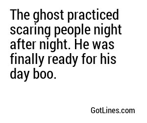 The ghost practiced scaring people night after night. He was finally ready for his day boo.
