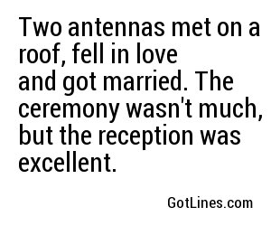 Two antennas met on a roof, fell in love and got married. The ceremony wasn't much, but the reception was excellent.
