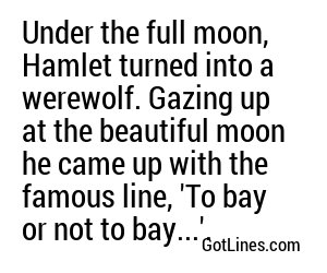 Under the full moon, Hamlet turned into a werewolf. Gazing up at the beautiful moon he came up with the famous line, 'To bay or not to bay...'.
