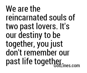 We are the reincarnated souls of two past lovers. It's our destiny to be together, you just don't remember our past life together.
