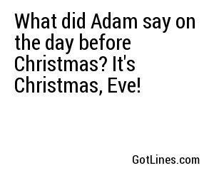 What did Adam say on the day before Christmas? It's Christmas, Eve!
