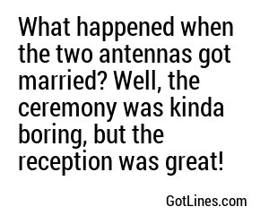 What happened when the two antennas got married? Well, the ceremony was kinda boring, but the reception was great!
