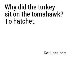 Why did the turkey sit on the tomahawk? To hatchet.
