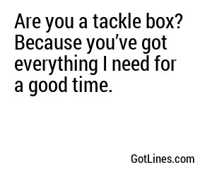 Are you a tackle box? Because you’ve got everything I need for a good time.
