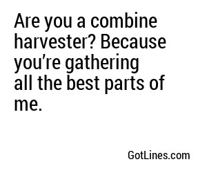 Are you a combine harvester? Because you’re gathering all the best parts of me.
